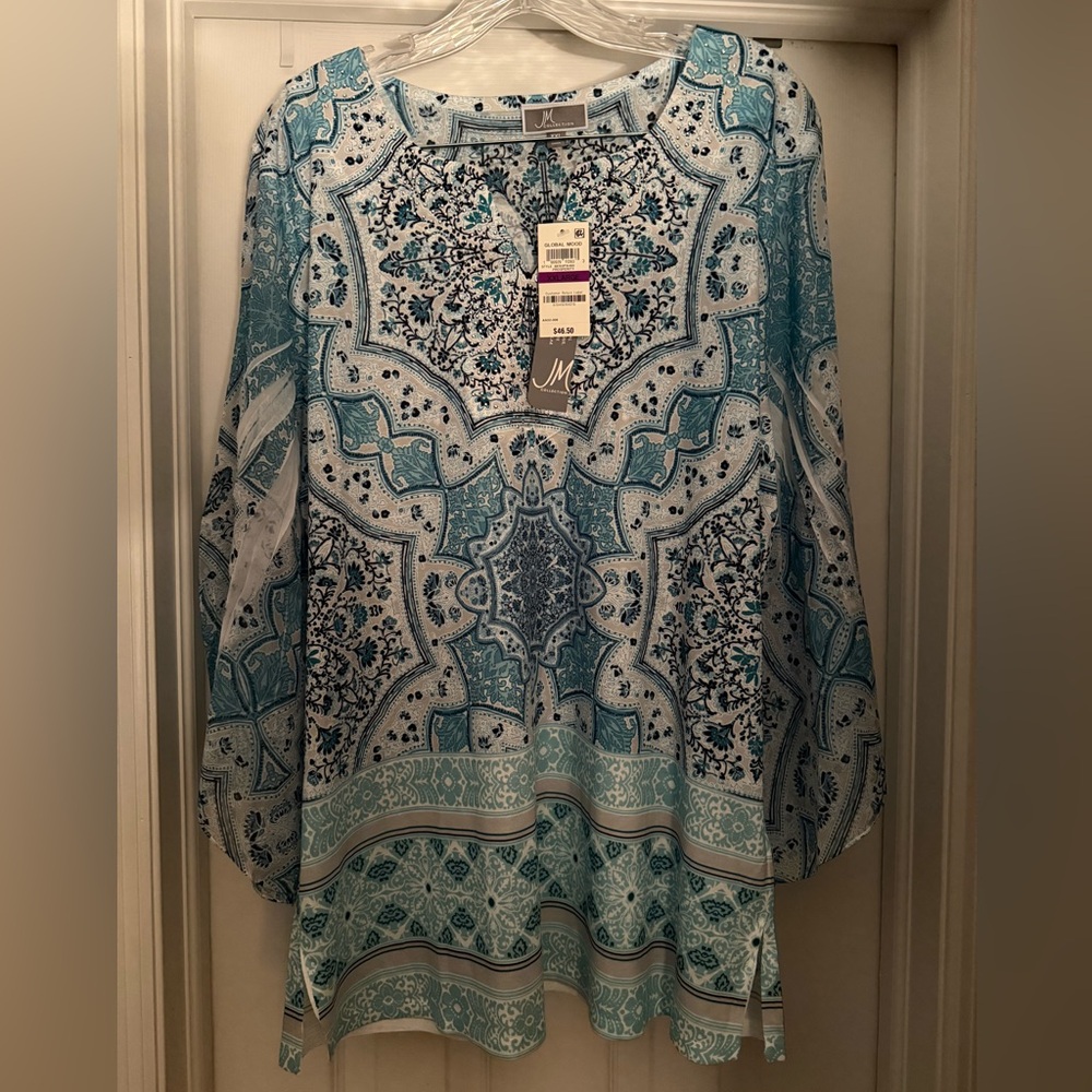 JM Collection Blue Graphic Long Sleeve Blouse
